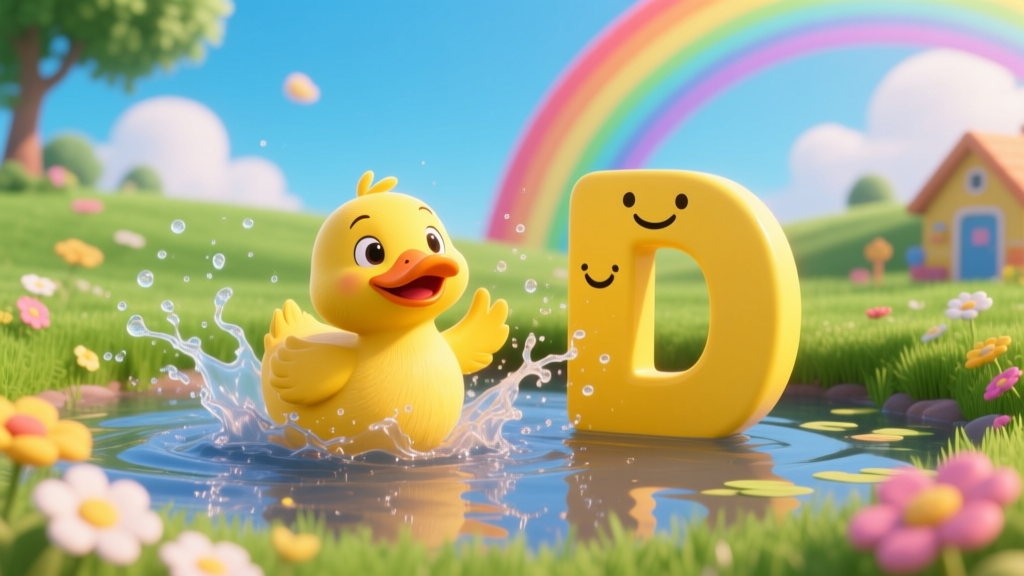 Cheerful Yellow Duck Splashing in Pond with Smiling Letter D
