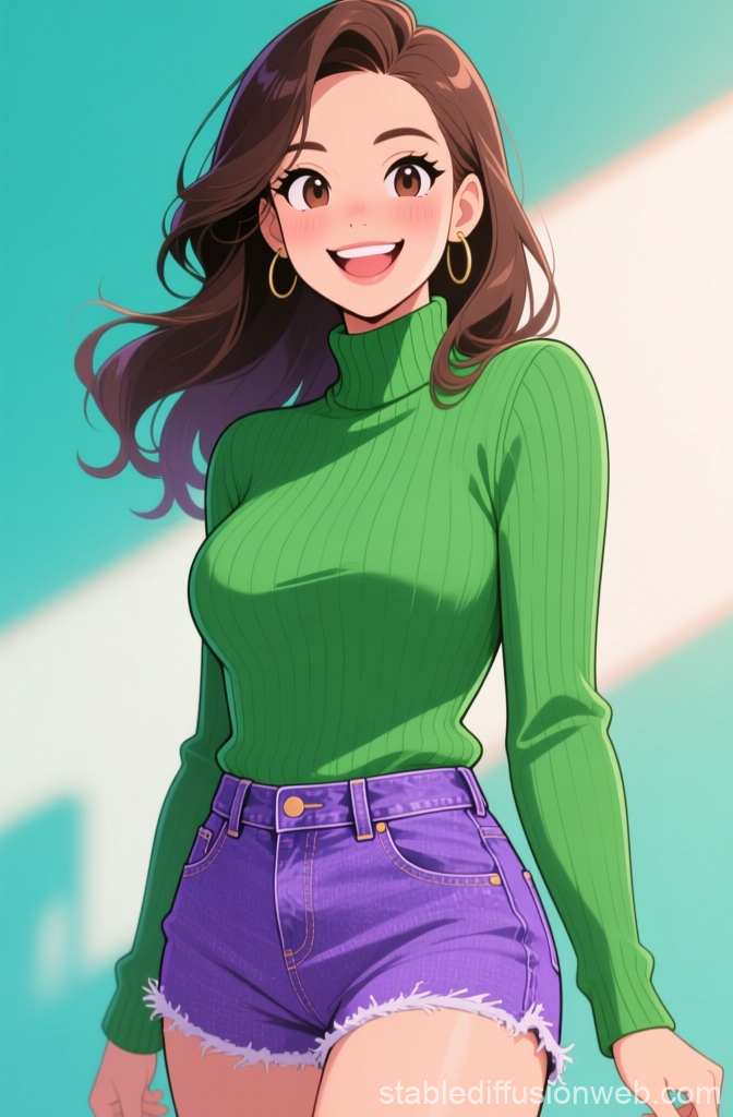 Cheerful Young Woman in Green Sweater and Purple Shorts