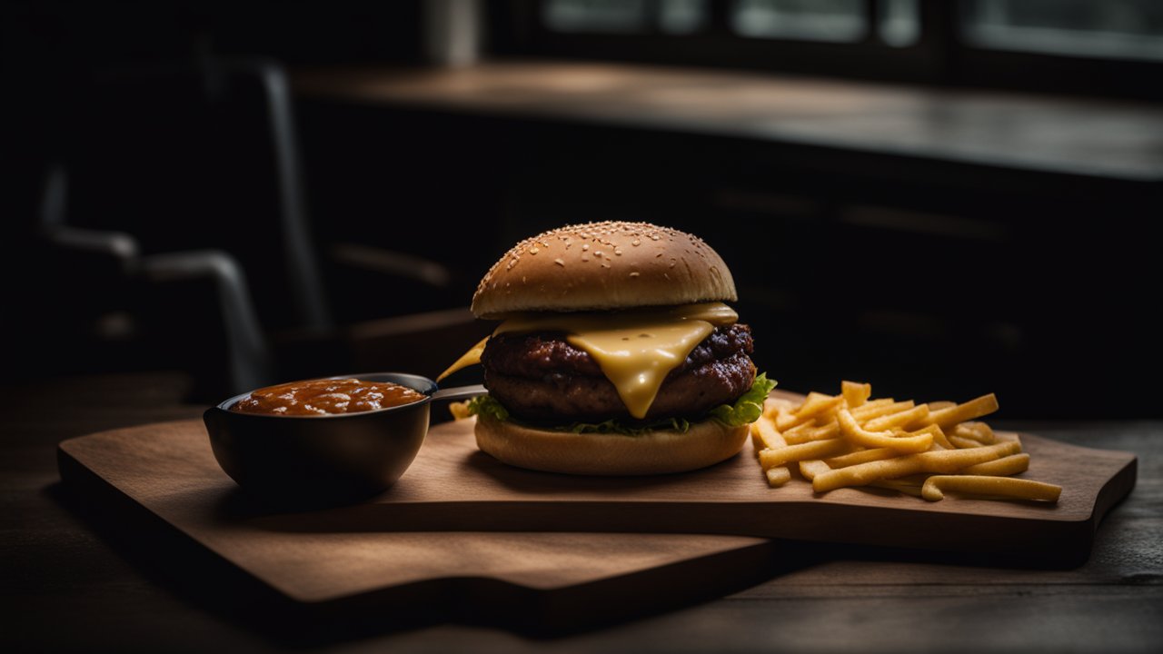 Cheeseburger with Fries and Sauce on Wooden Board