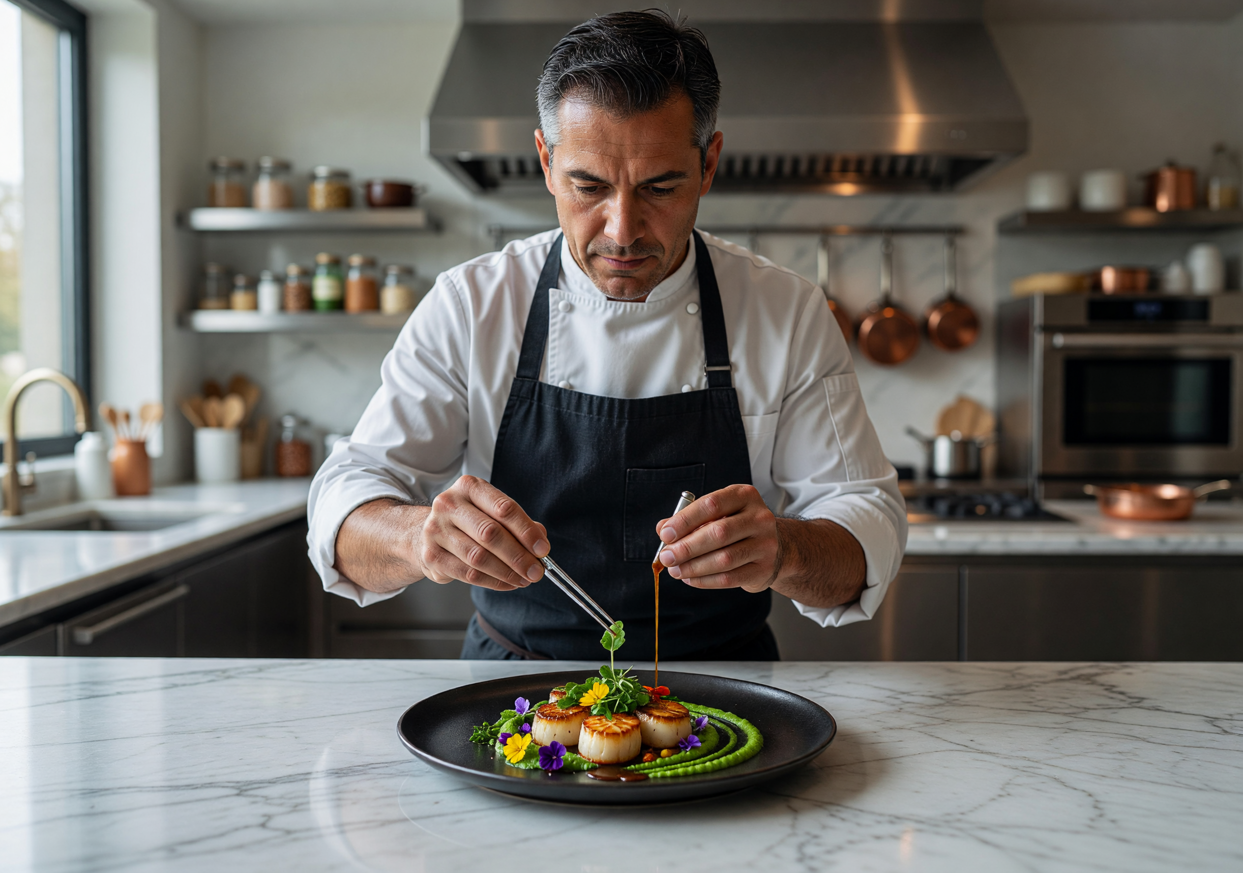 Chef Artfully Plating Gourmet Dish in Modern Kitchen