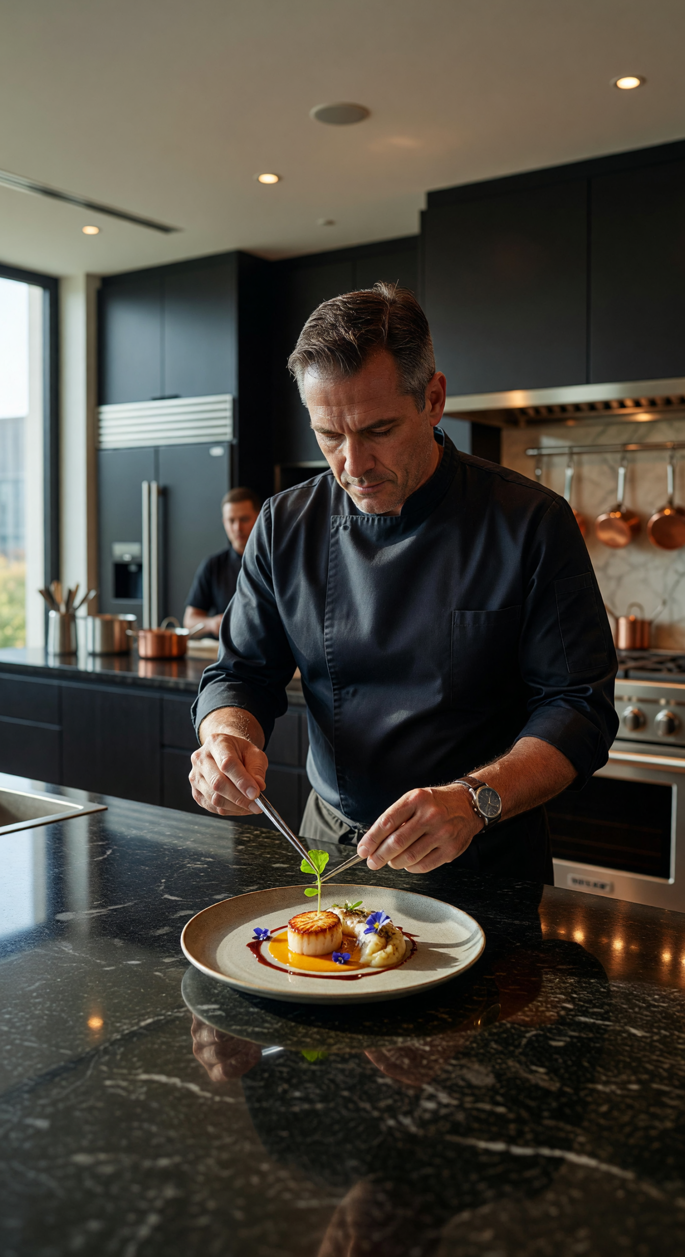 Chef Masterfully Plating Gourmet Dish in Modern Kitchen