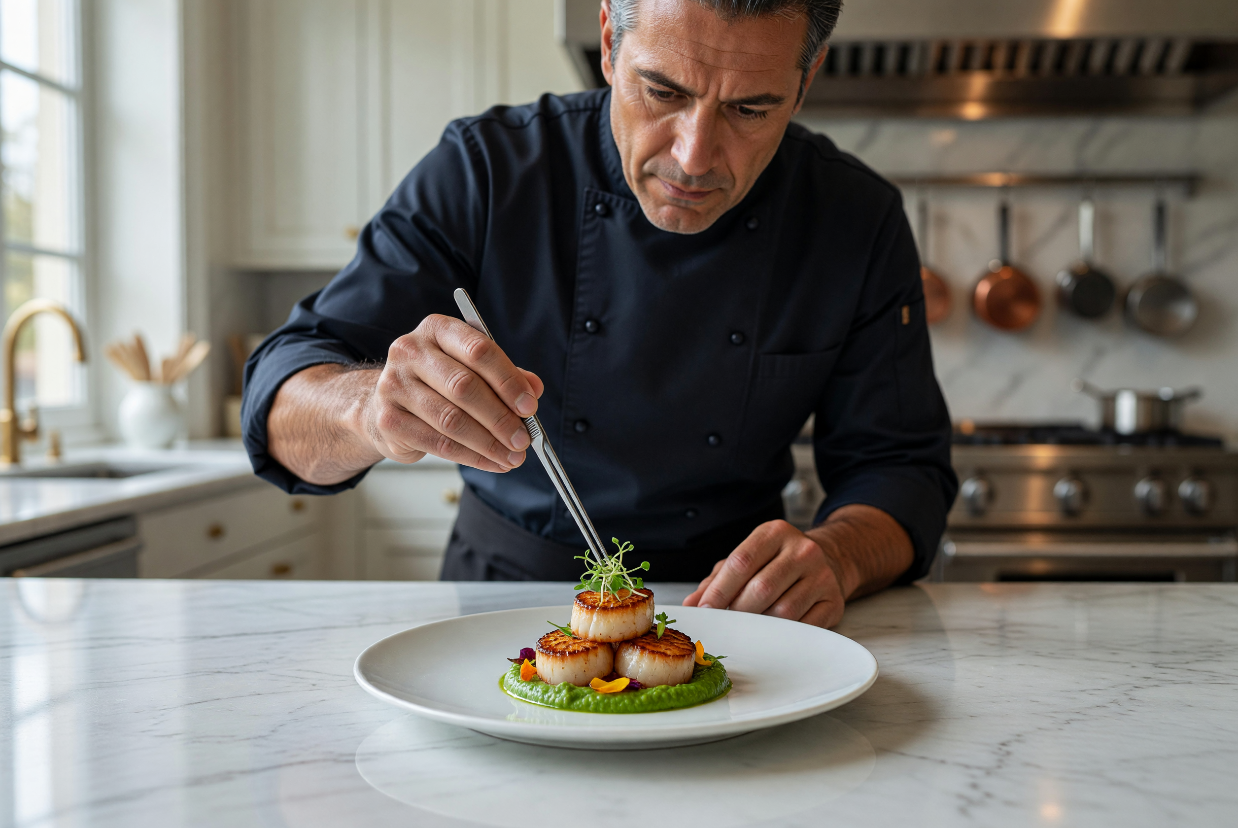Chef Masterfully Plating Gourmet Scallops