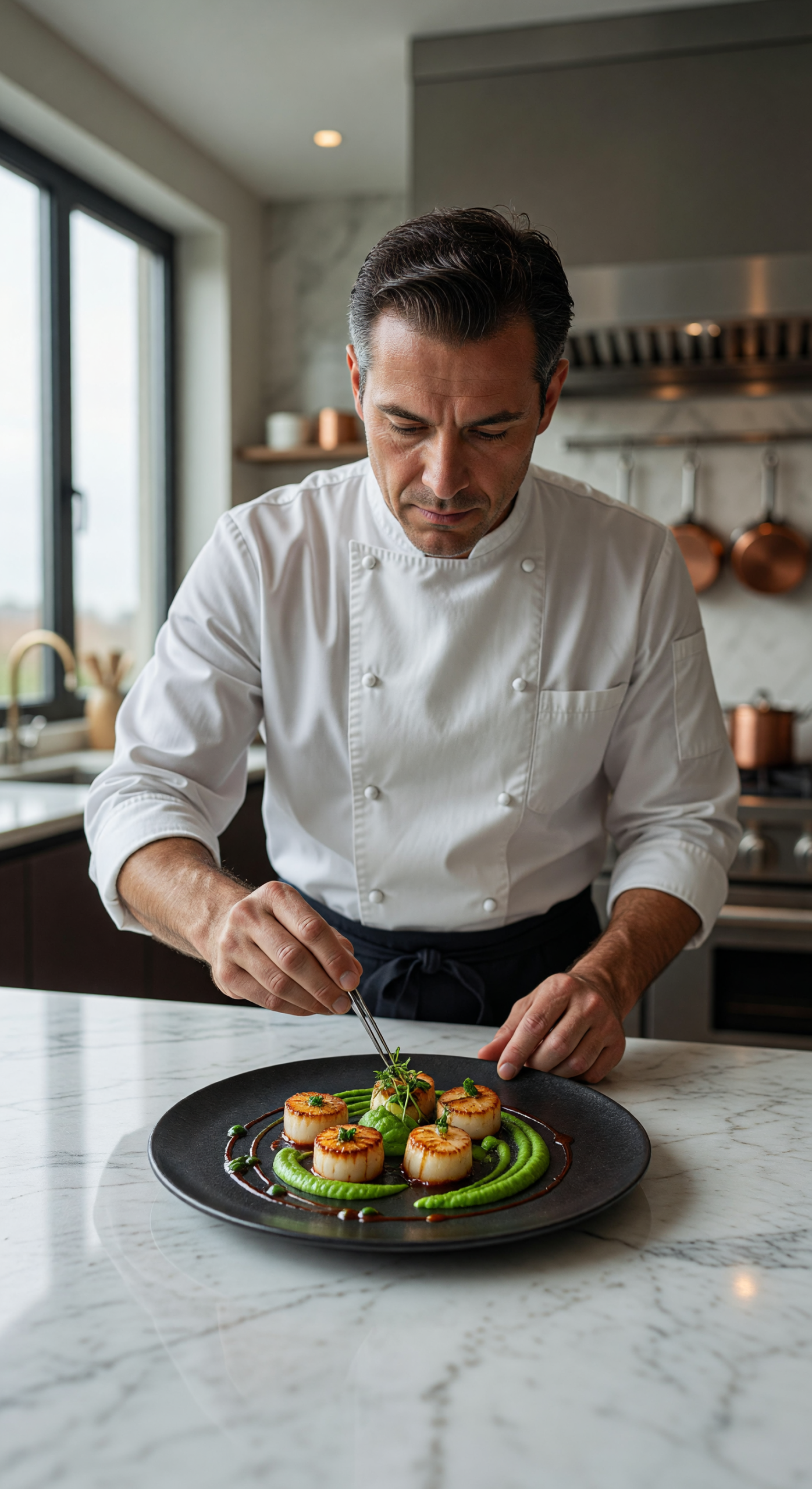 Chef Masterfully Plating Gourmet Scallops in Modern Kitchen