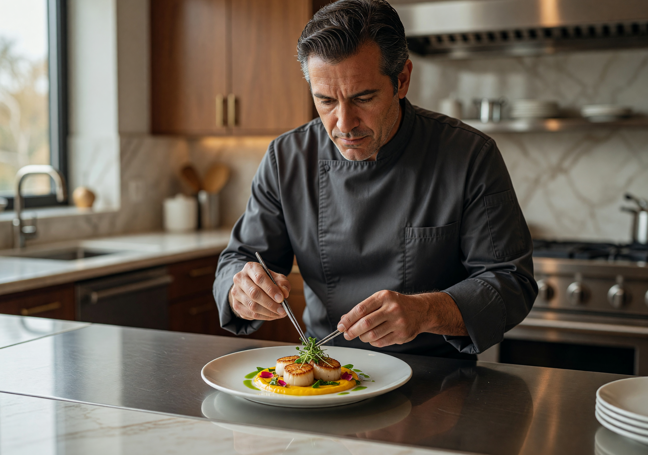 Chef Perfecting Elegant Scallop Dish in Modern Kitchen