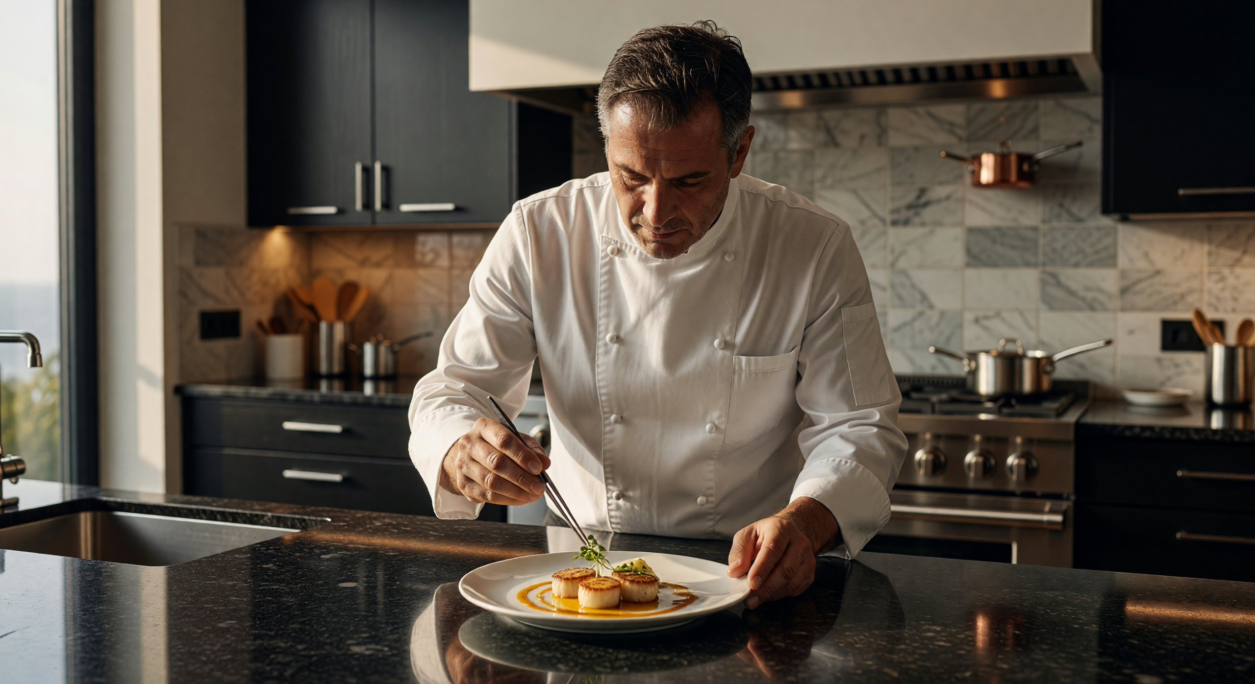 Chef Perfecting Gourmet Dish in Modern Kitchen