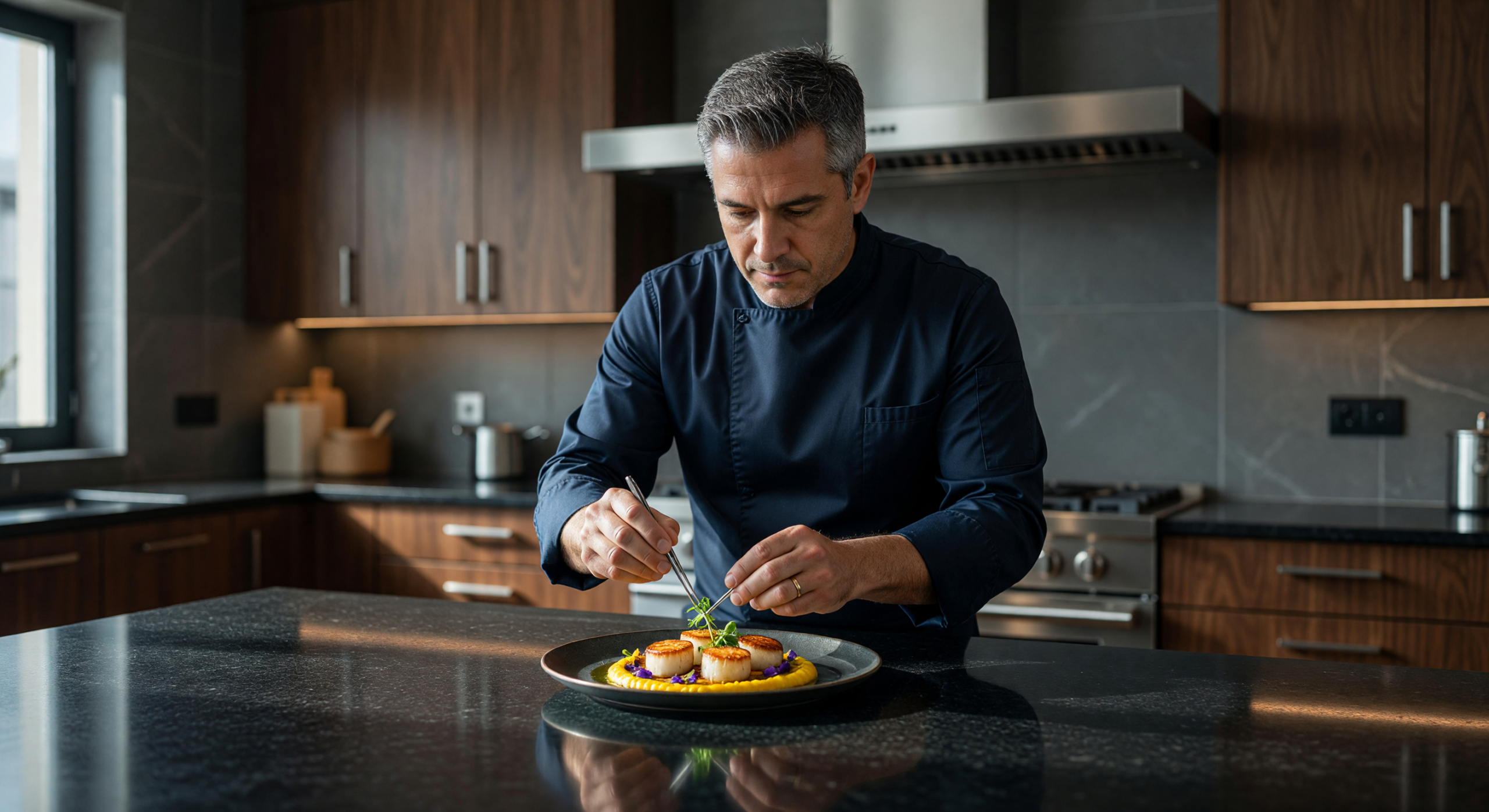 Chef Perfecting Gourmet Dish in Modern Kitchen