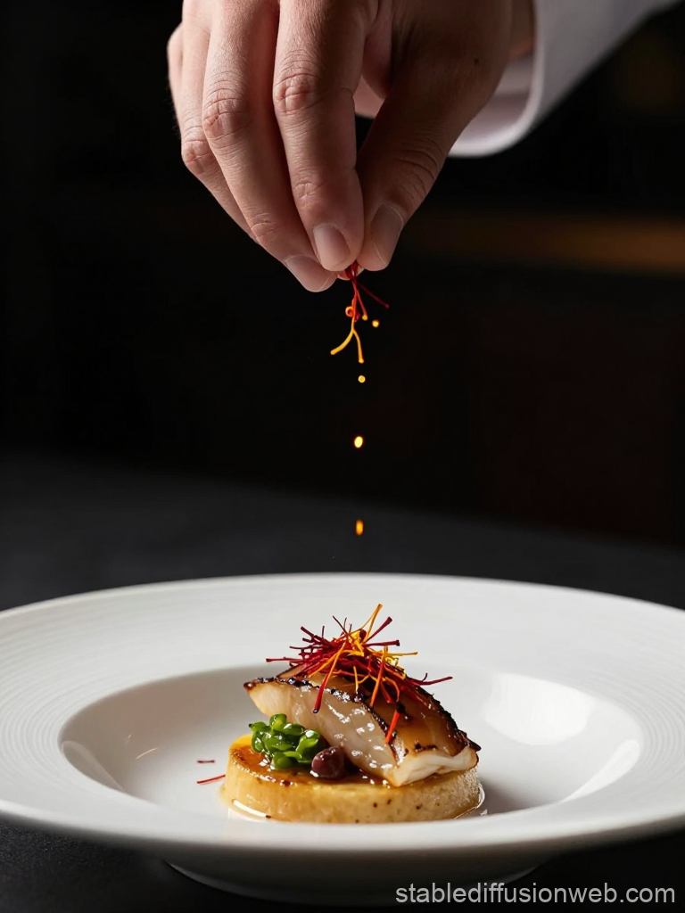 Chef Sprinkling Saffron on Gourmet Dish