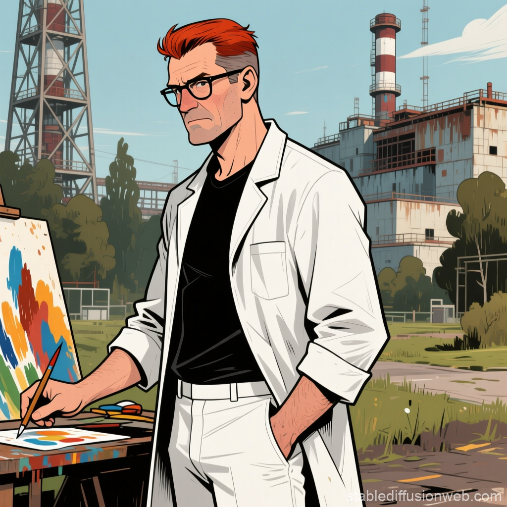 Chernobyl Engineer Painting Outdoors in Comic Style