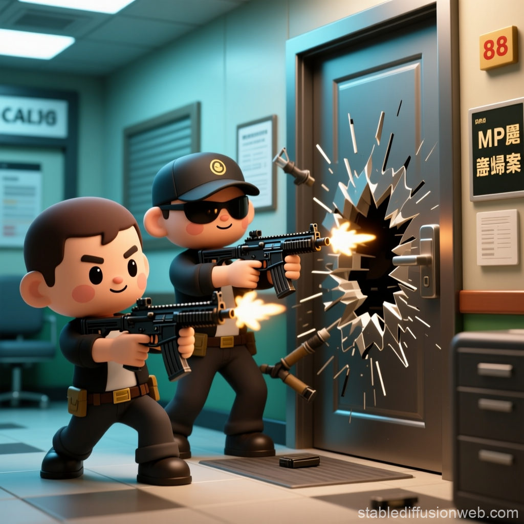 Chibi Agents Breaching Door with Guns in Office