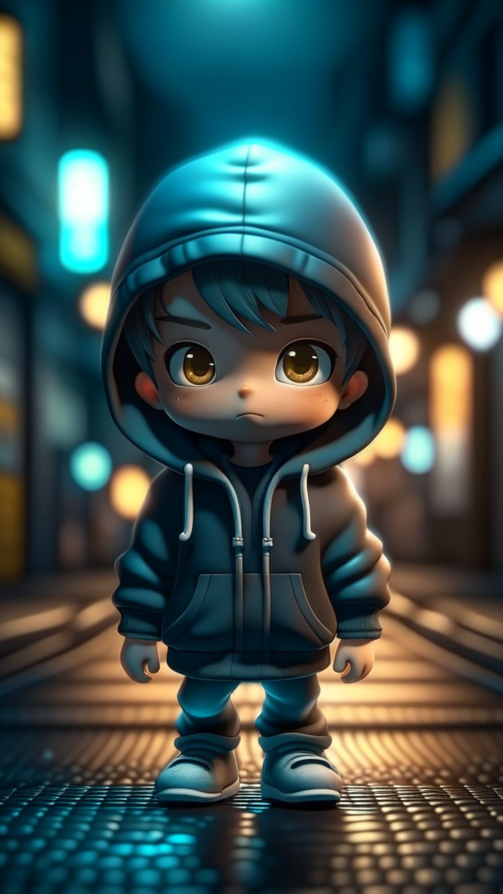 Chibi Boy in Hoodie on Neon-Lit Street