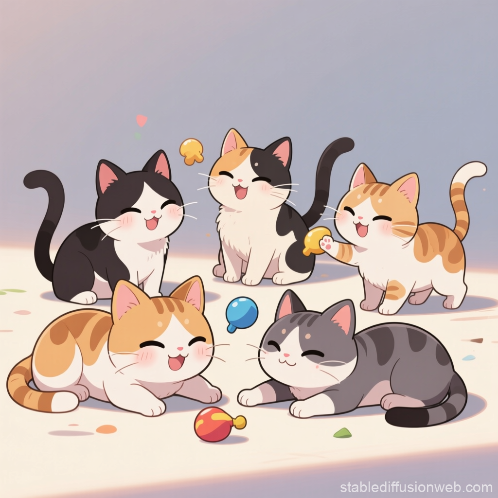 Chibi Cats Playing Joyfully with Colorful Toys