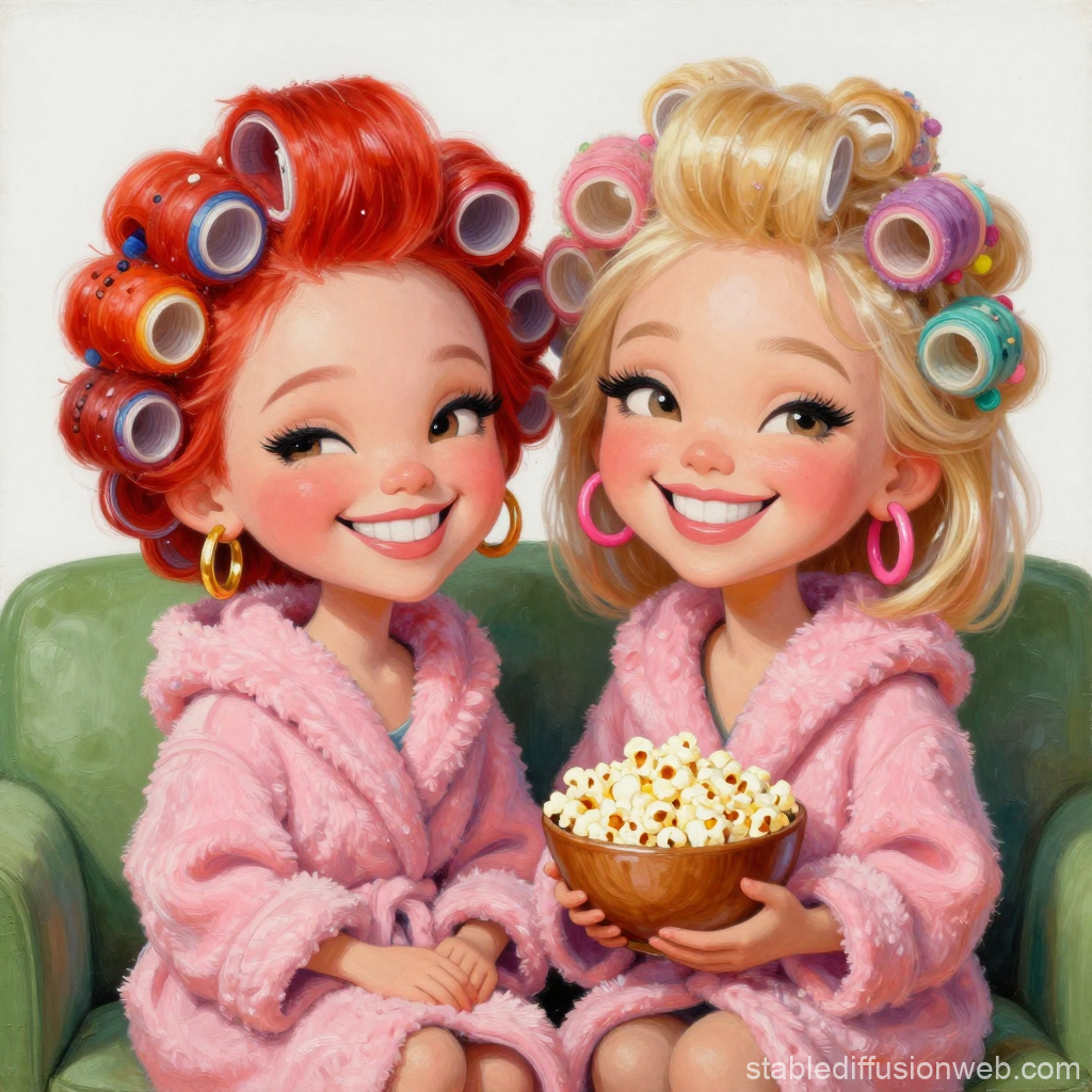 Chibi Girls with Hair Rollers Sharing Popcorn