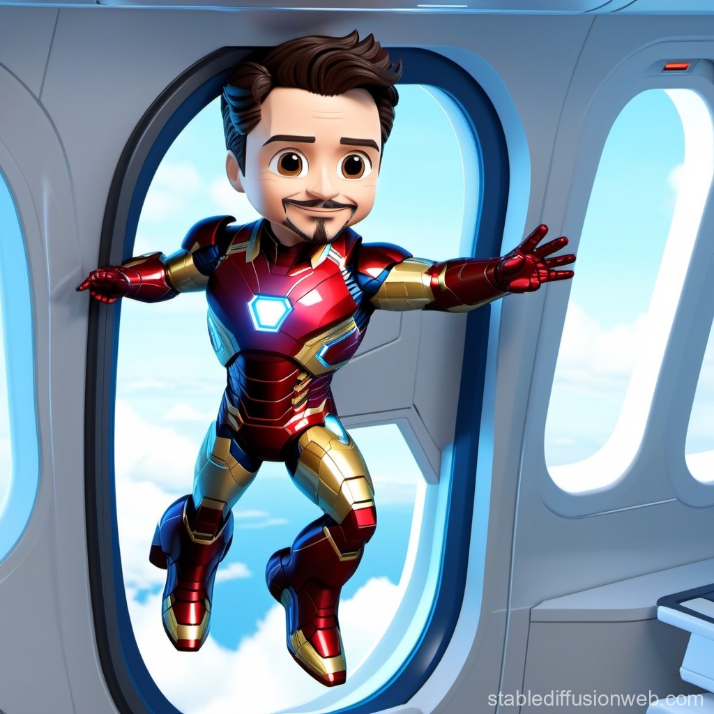 Chibi Iron Man Floating Near Airplane Window