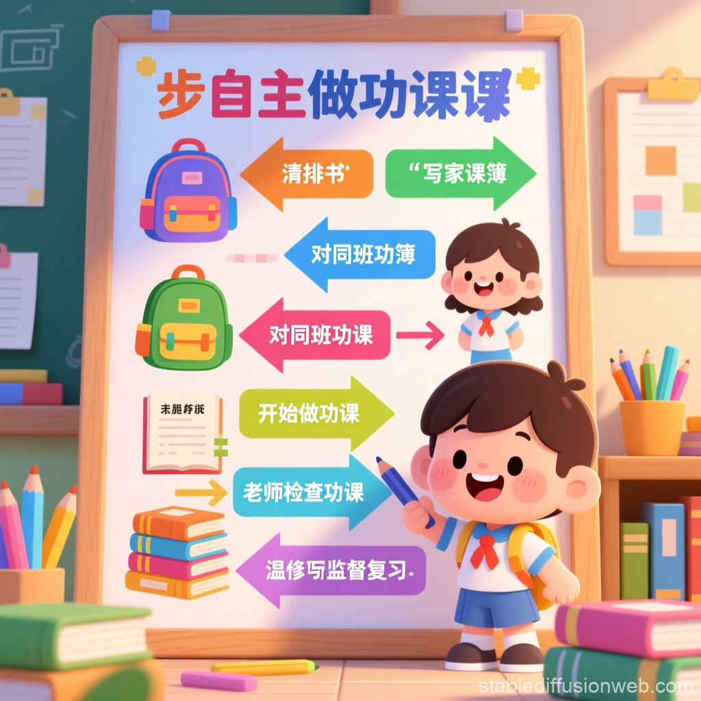 Chibi Kids Learning Workflow Poster in Classroom