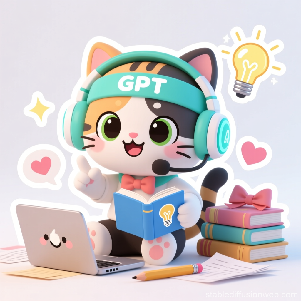 Chibi Kitten AI Assistant Studying with Laptop and Books
