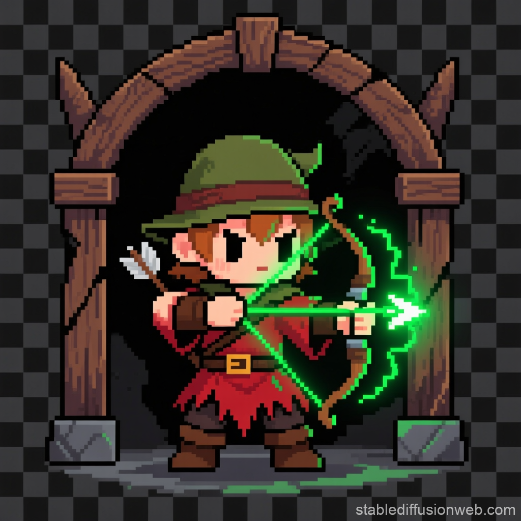 Chibi Pixel Archer with Glowing Green Bow