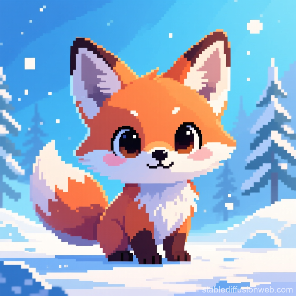 Chibi Pixel Art Fox in Snowy Winter Scene