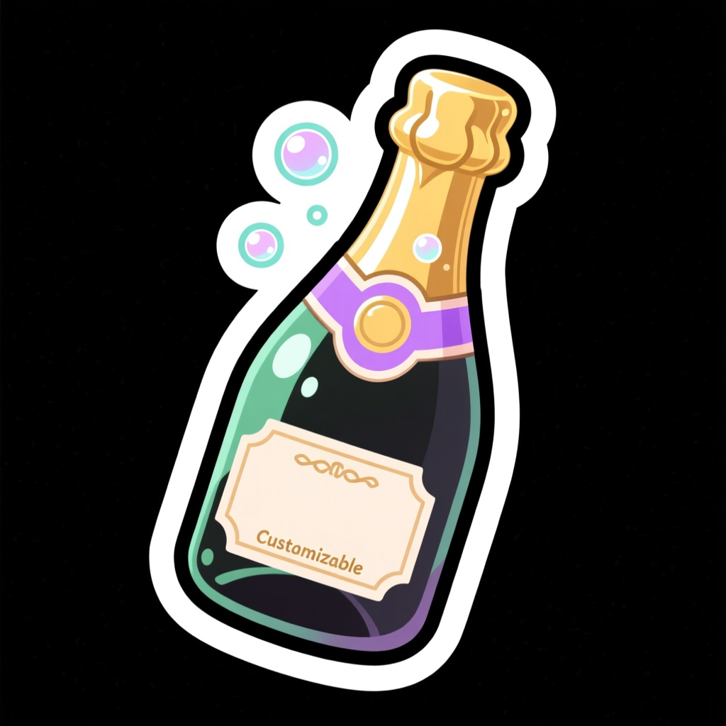 Chibi Style Champagne Bottle Sticker Illustration