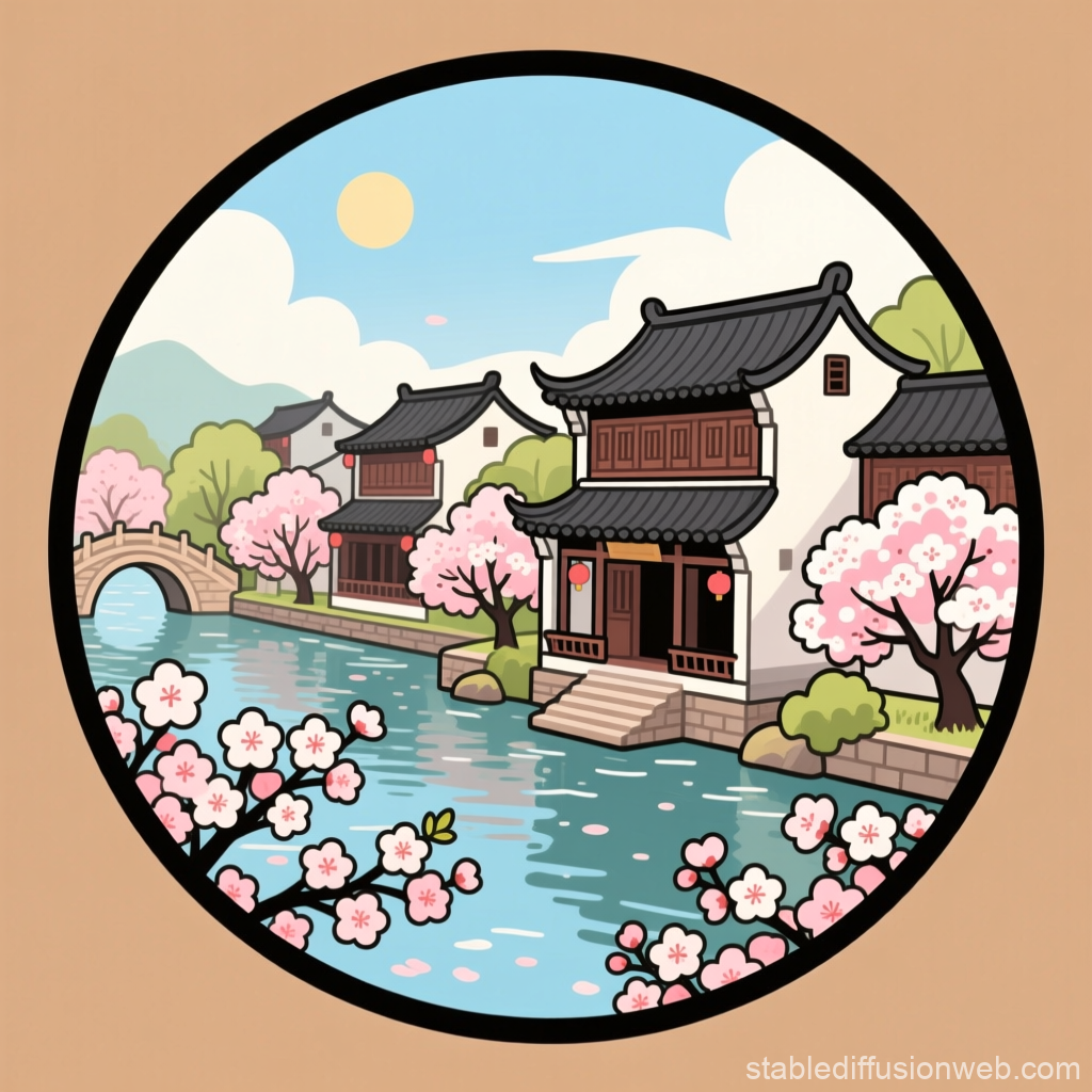 Chibi Style Chinese Riverside Village with Cherry Blossoms