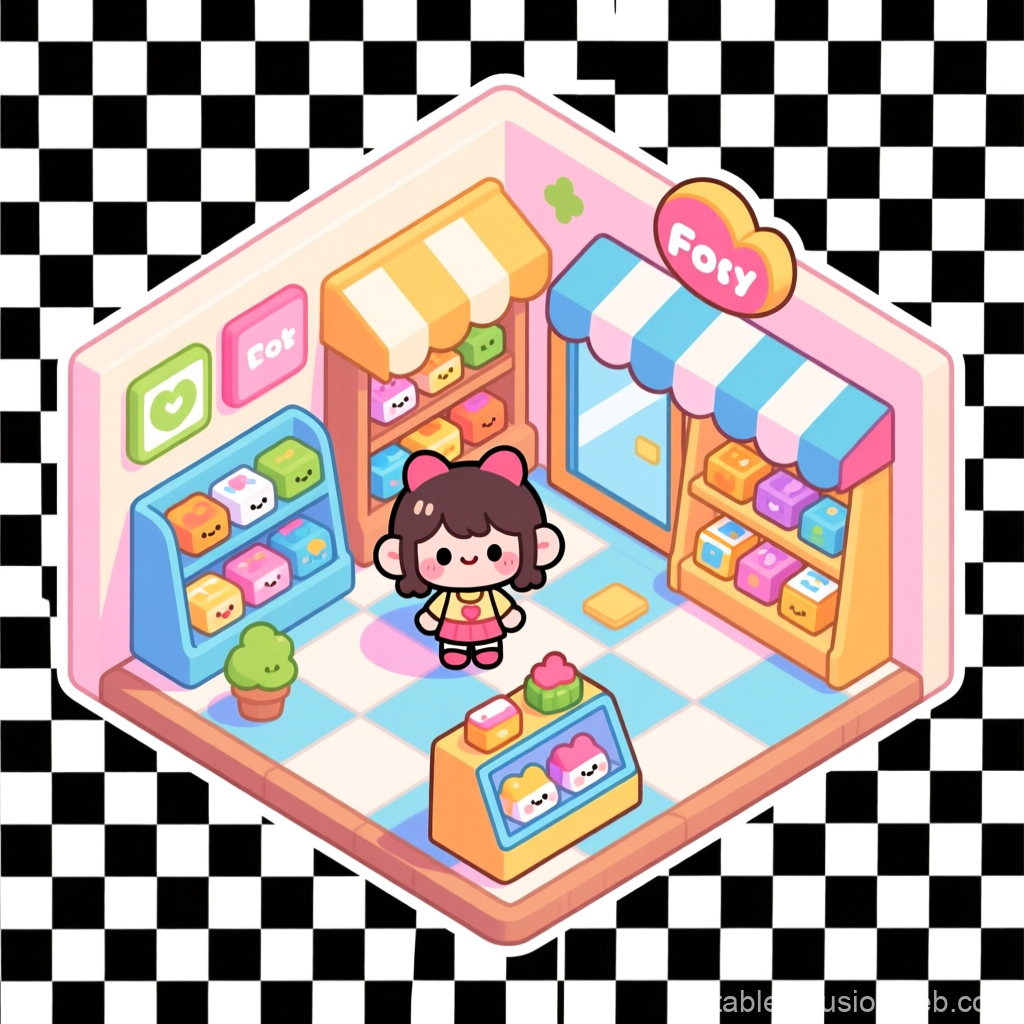Chibi Style Cute Store Interior with Colorful Shelves