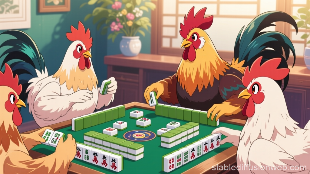 Chickens Playing Mahjong in Cozy Room