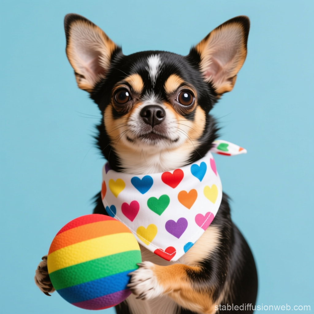 Chihuahua Wearing Heart Bandana Holding Rainbow Ball