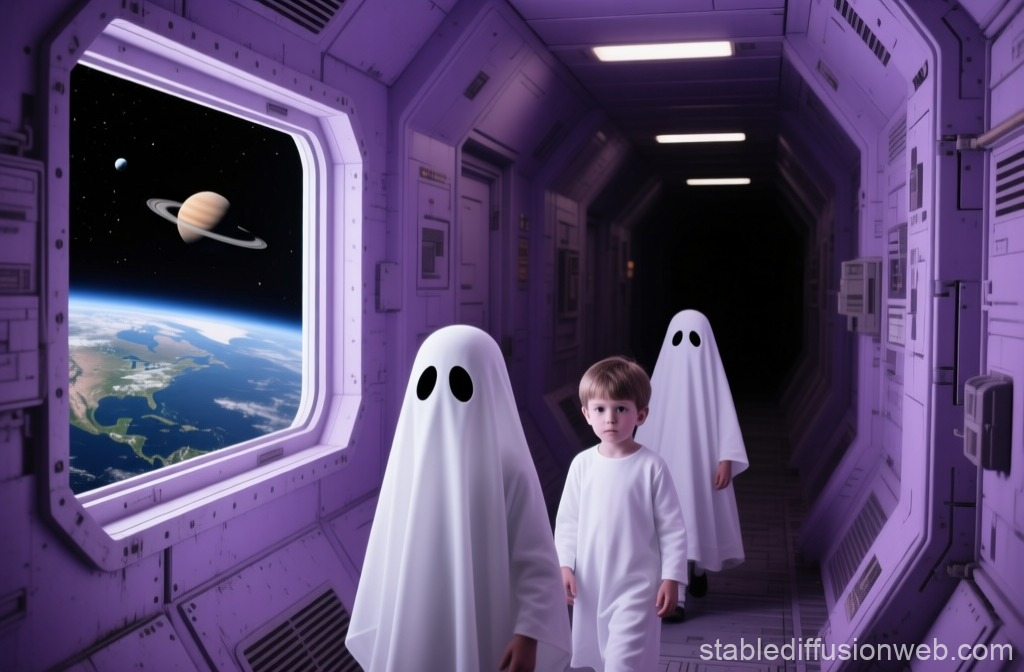Child and Ghosts in Purple Space Corridor