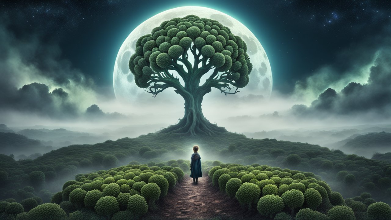 Child Facing Enchanted Tree Under a Giant Moon