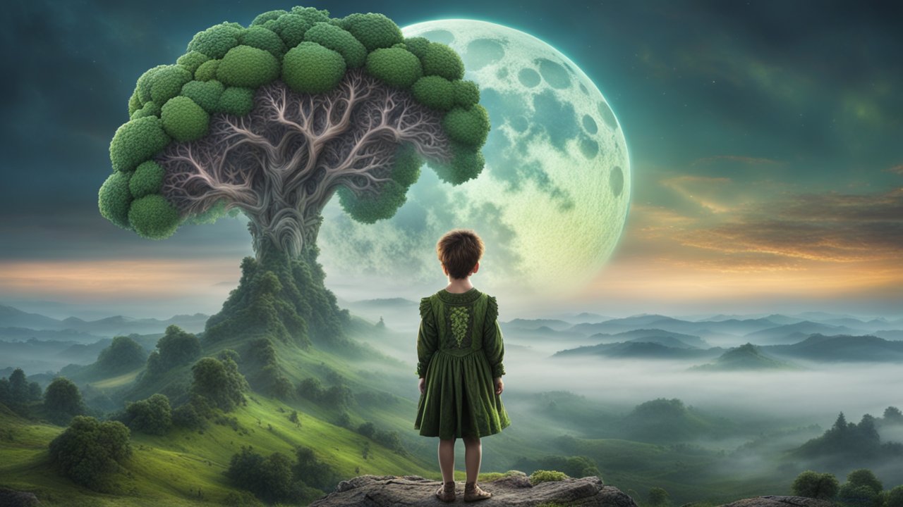 Child Gazing at Enormous Tree and Moon in Mystical Landscape