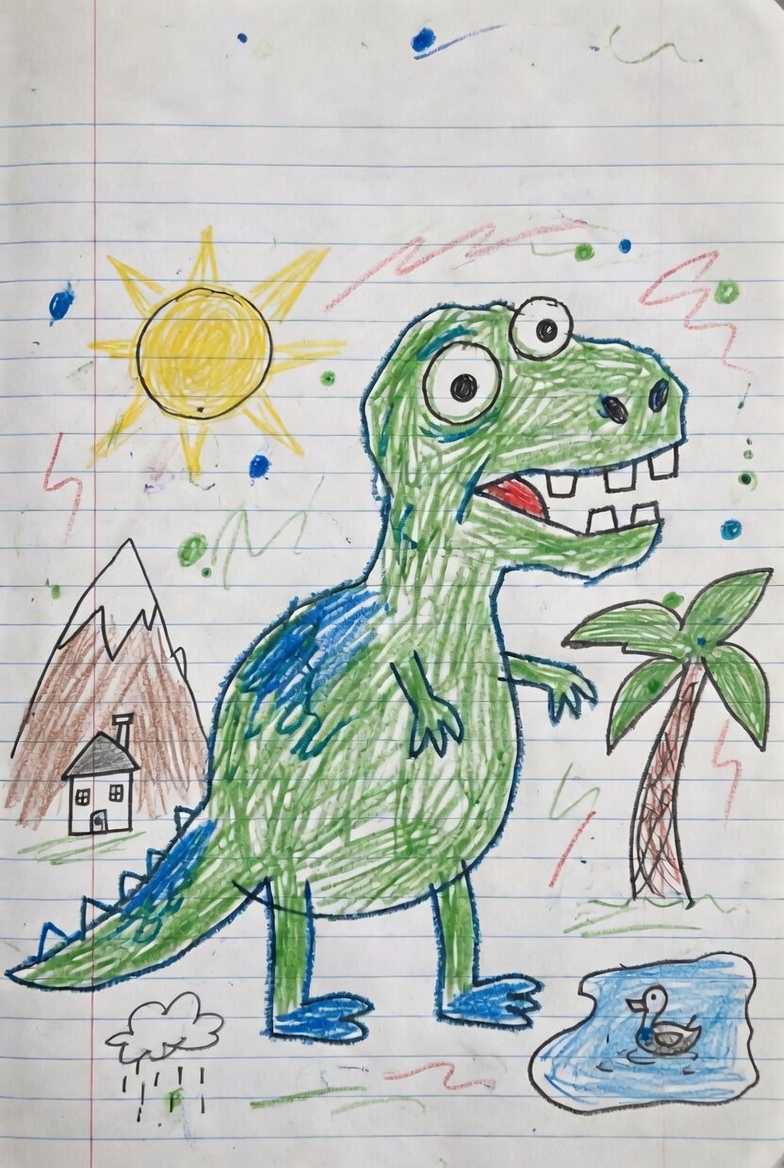 Childlike Dinosaur Drawing with Nature Elements