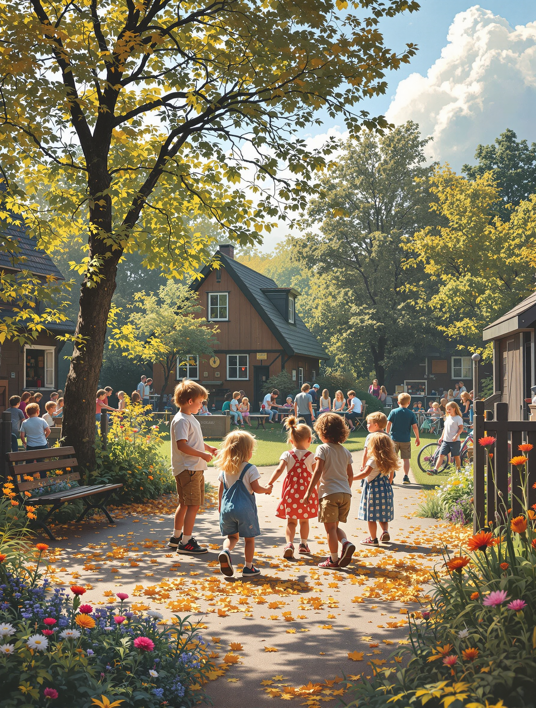Children Playing in a Sunny Autumn Village