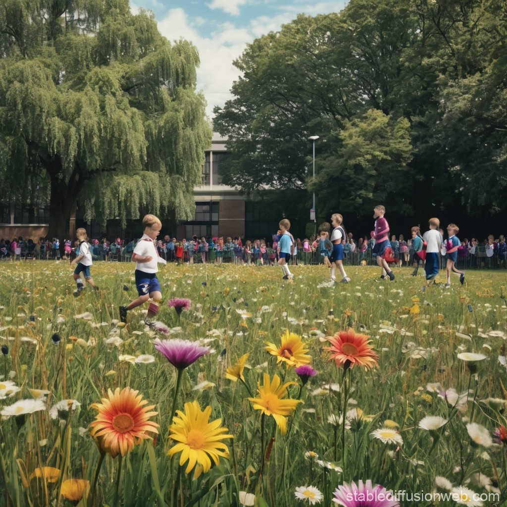 Children Playing Soccer on a Flower-Filled Field