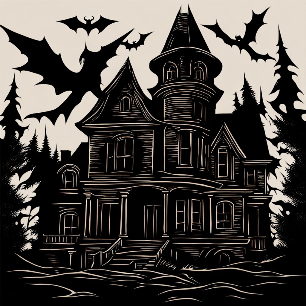 Chilling Haunted House with Flying Bats Silhouette