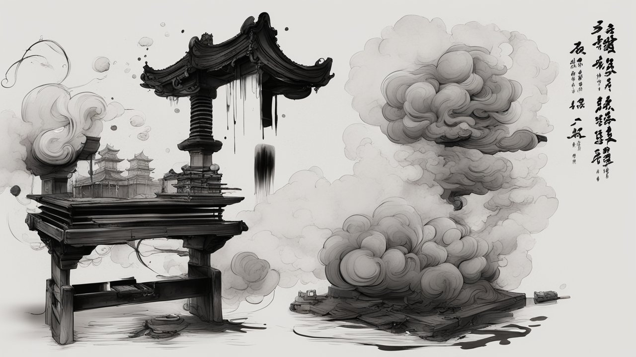 Chinese Ink Stick Inspired Digital Art with Traditional Architecture