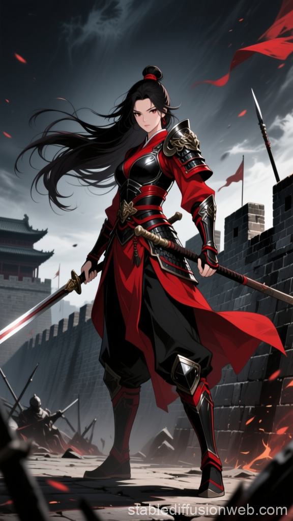 Chinese Wuxia Anime Warrior in Red and Black Armor