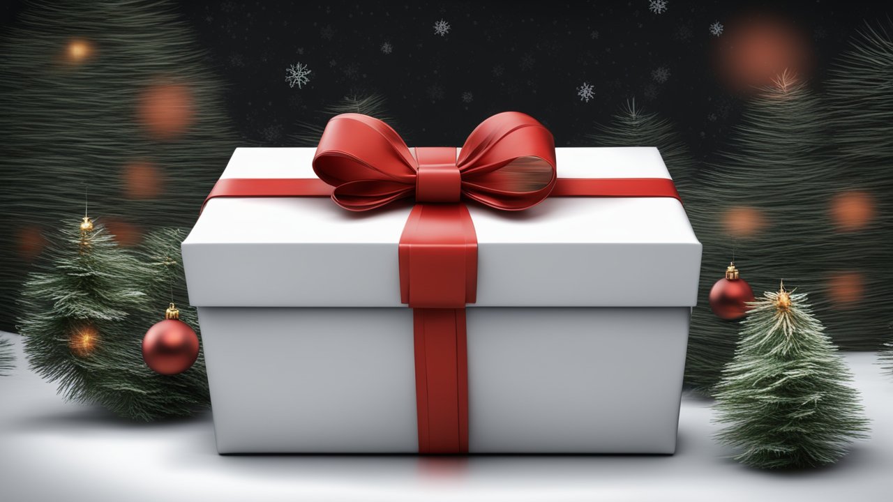 Christmas Gift Box with Red Bow and Festive Decorations