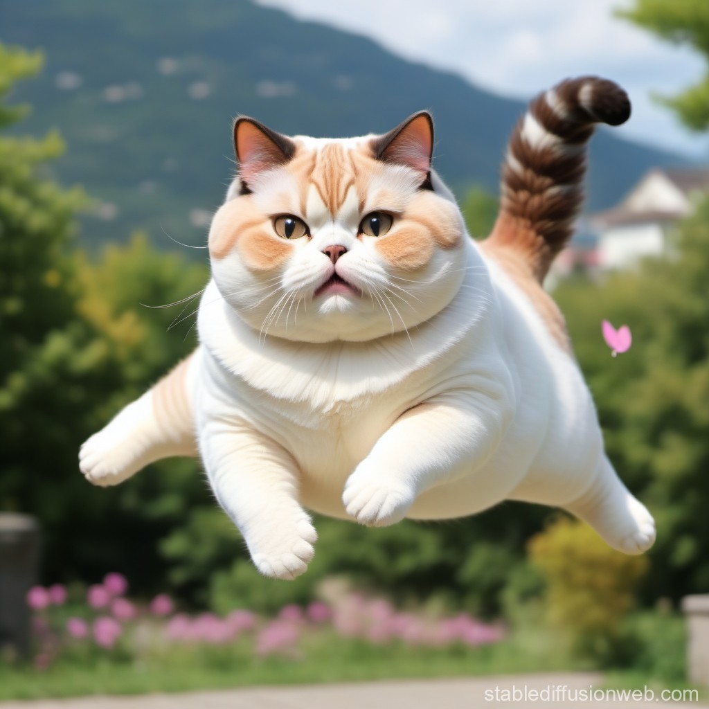 Chubby Cat Leaping Outdoors in Nature