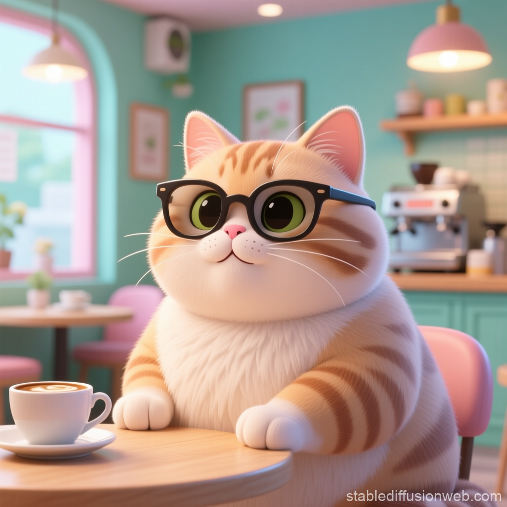 Chubby Cat Wearing Glasses in Cozy Cafe