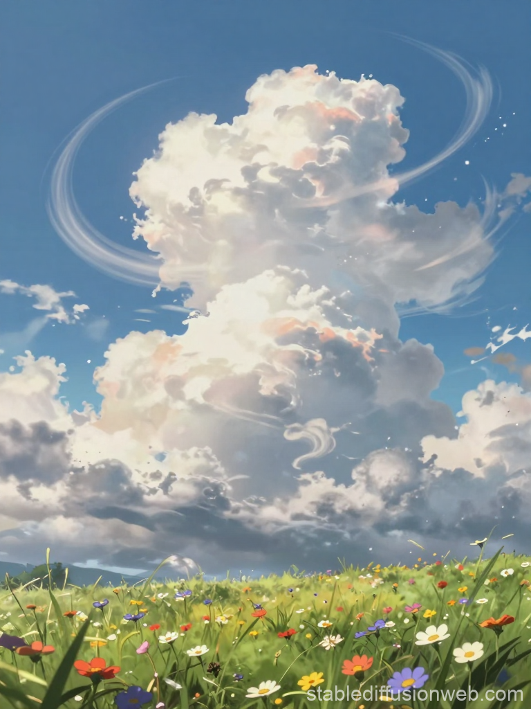 Cinematic Anime Meadow with Majestic Sky and Clouds