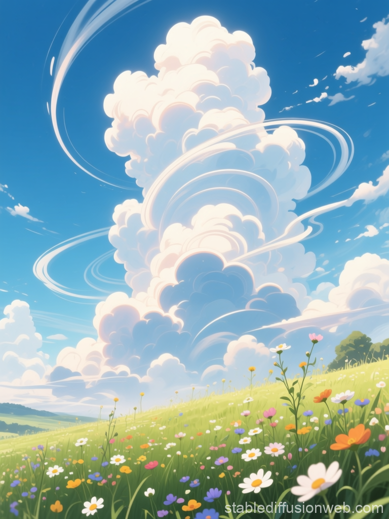 Cinematic Anime Meadow with Towering Clouds