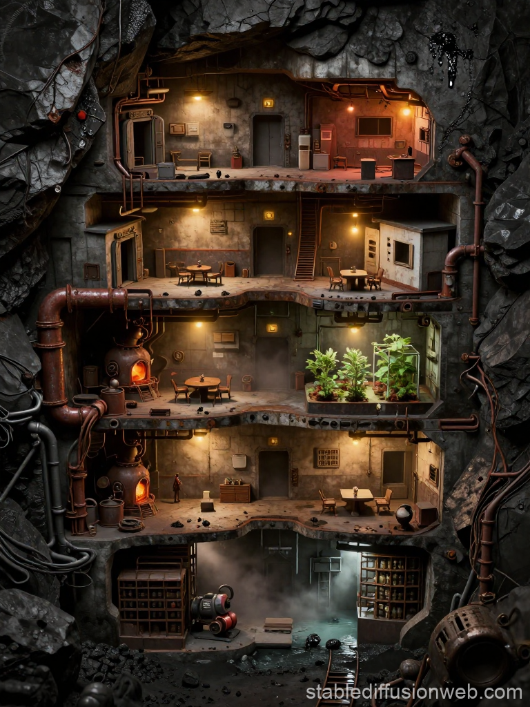 Cinematic Cross Section of an Underground Industrial Shelter