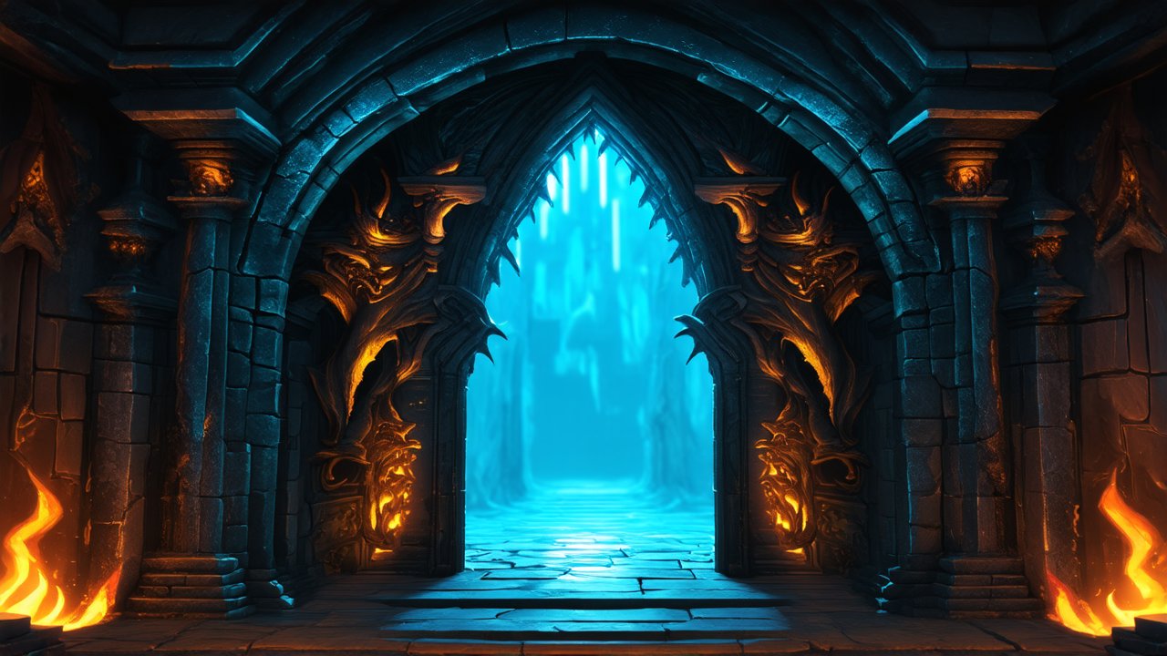 Cinematic Fantasy Stone Archway with Fiery Details