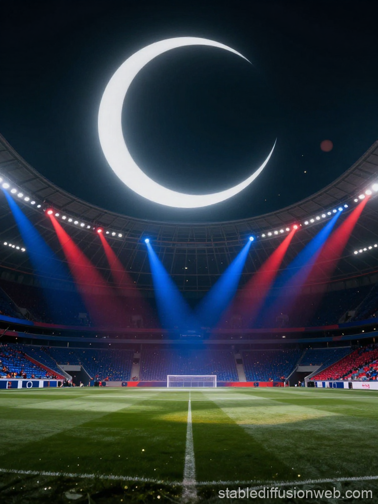 Cinematic Football Stadium with Dramatic Crescent Moon