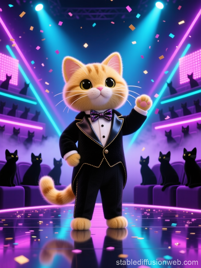 Cinematic Kitten in Tuxedo on Neon Stage