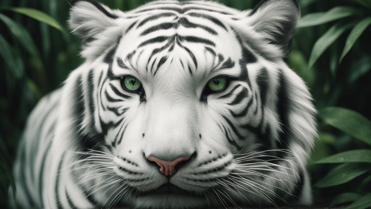 Cinematic Macro Close-Up of a White Tiger with Green Eyes
