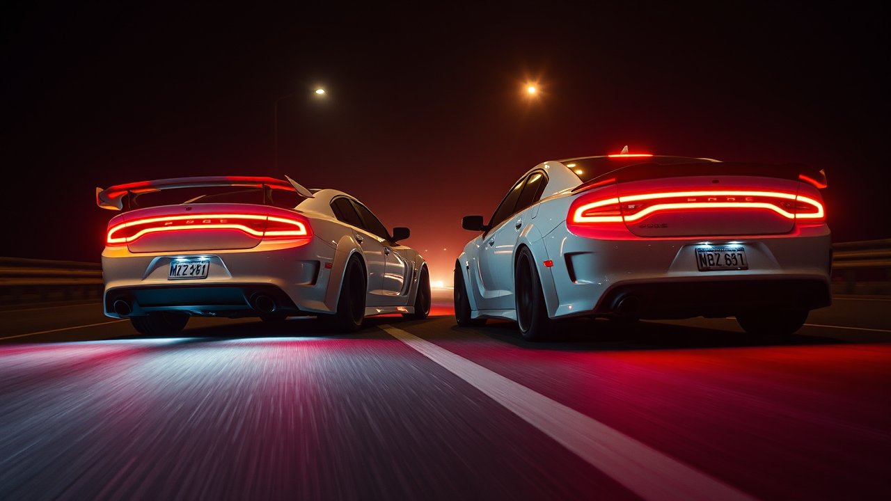 Cinematic Night Race with Two White Dodge Chargers