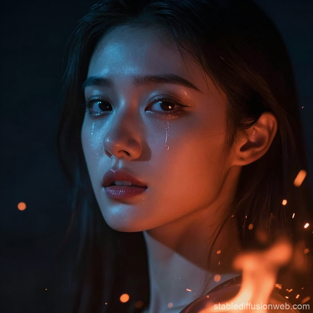 Cinematic Portrait of a Woman with Tears and Firelight