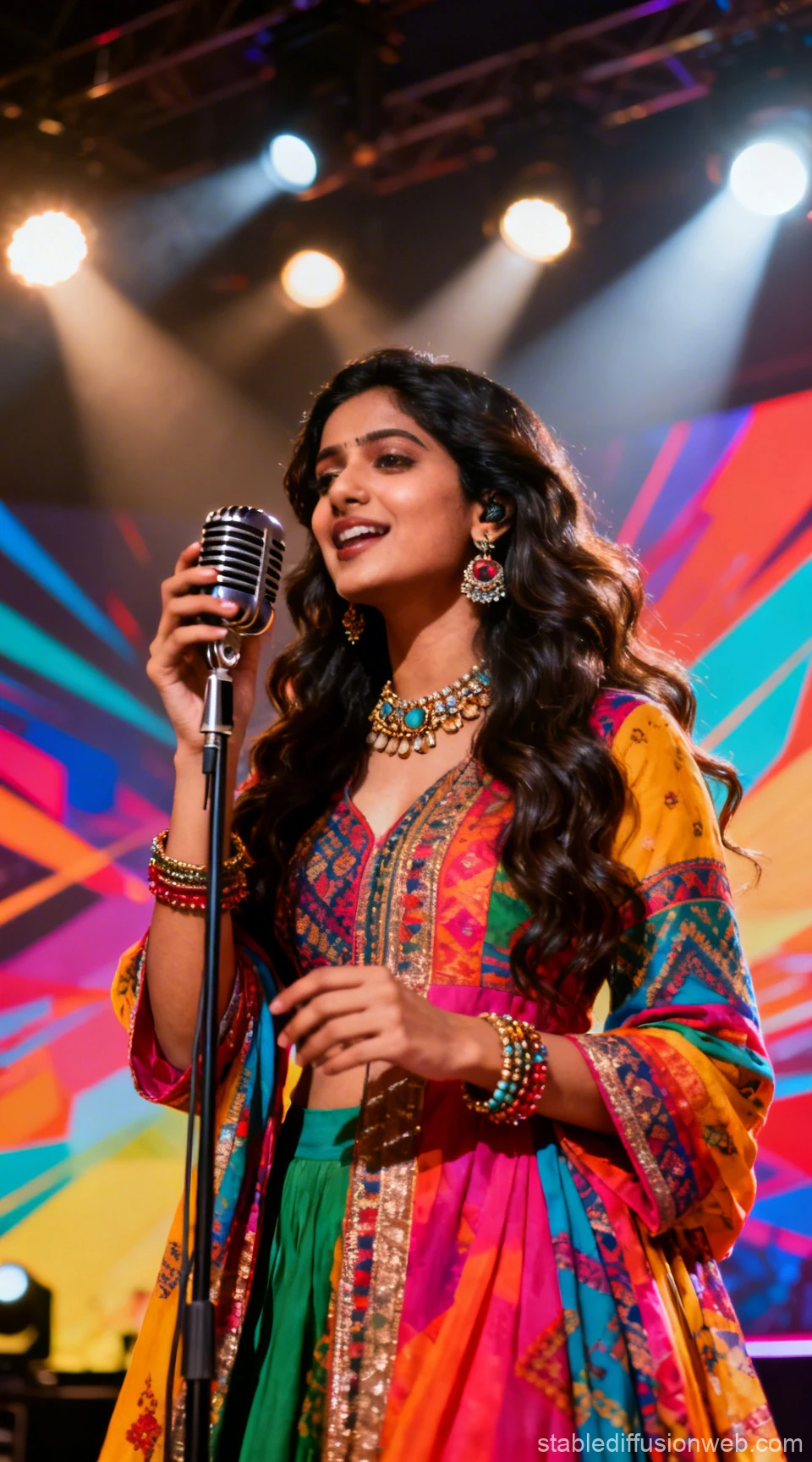 Cinematic Portrait of Indian Singer in Vibrant Traditional Attire