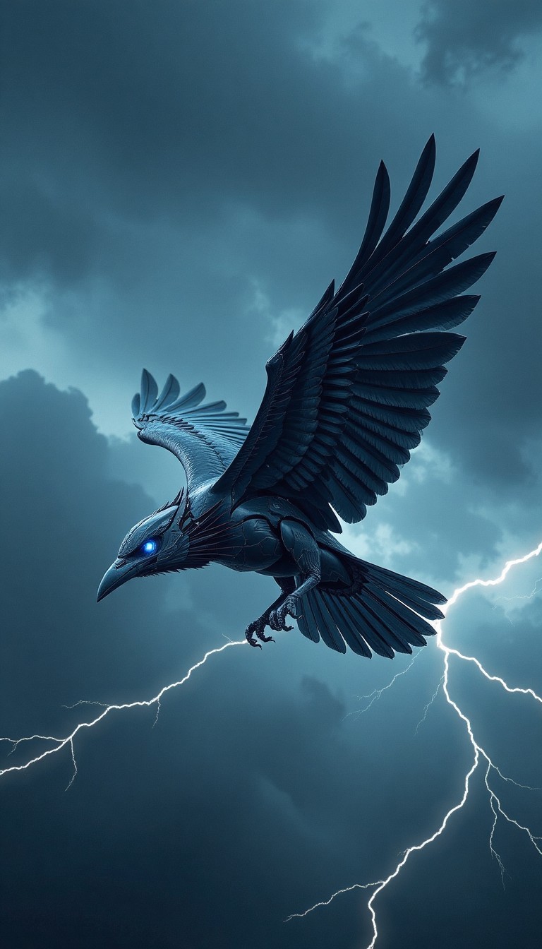 Cinematic Robotic Crow Soaring Amid Lightning Storm