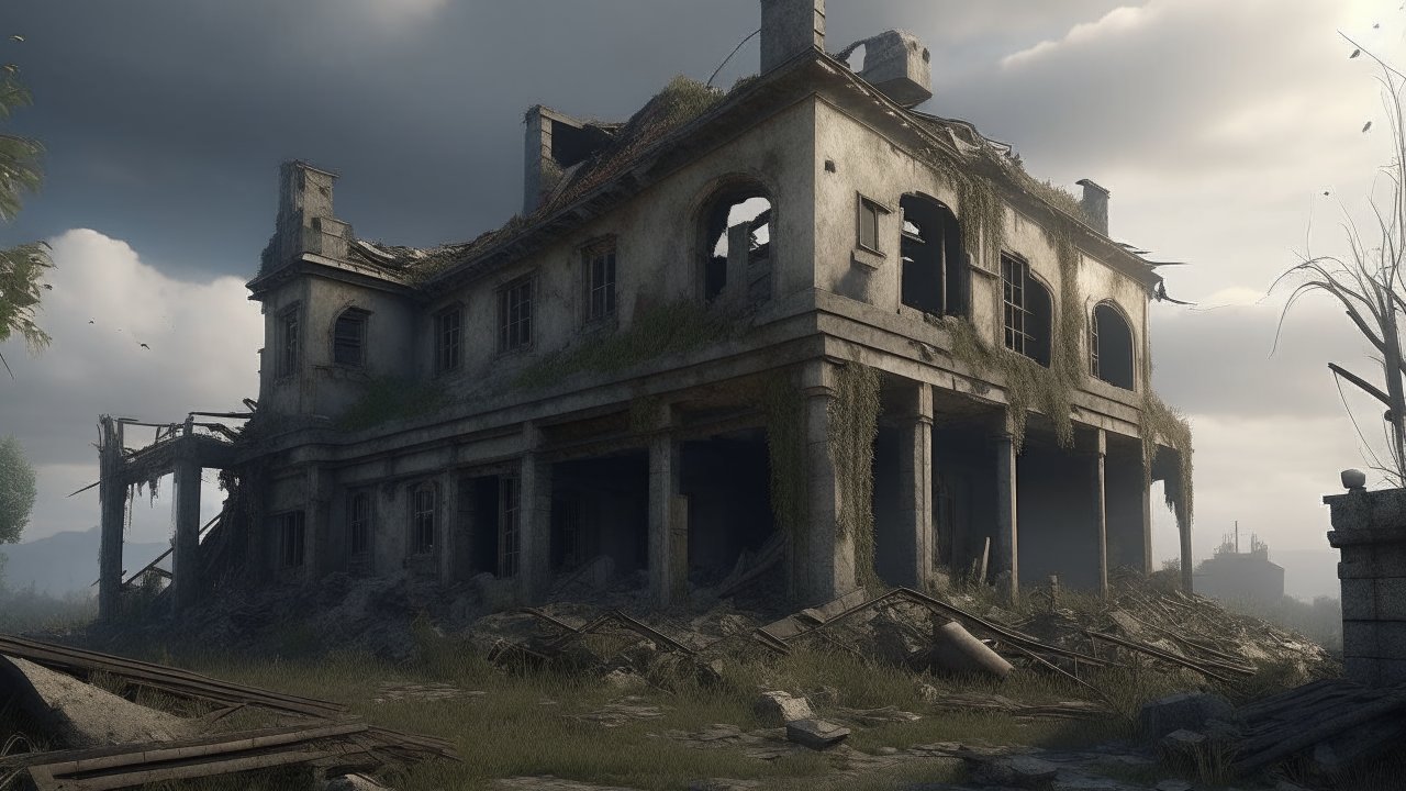 Cinematic Ruined House in Overgrown Landscape